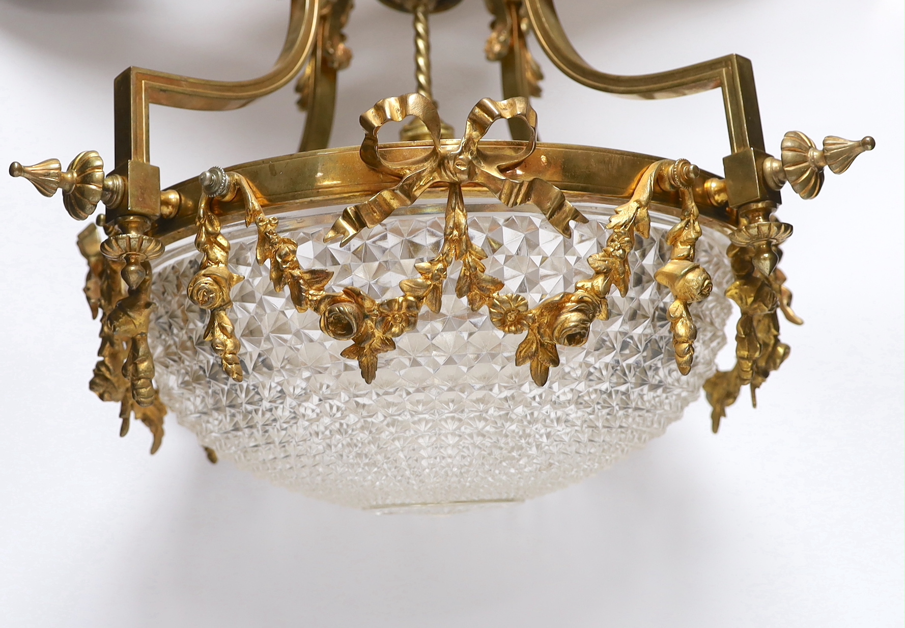 An early 20th century ormolu and hobnail cut glass ceiling shade, 43cm drop